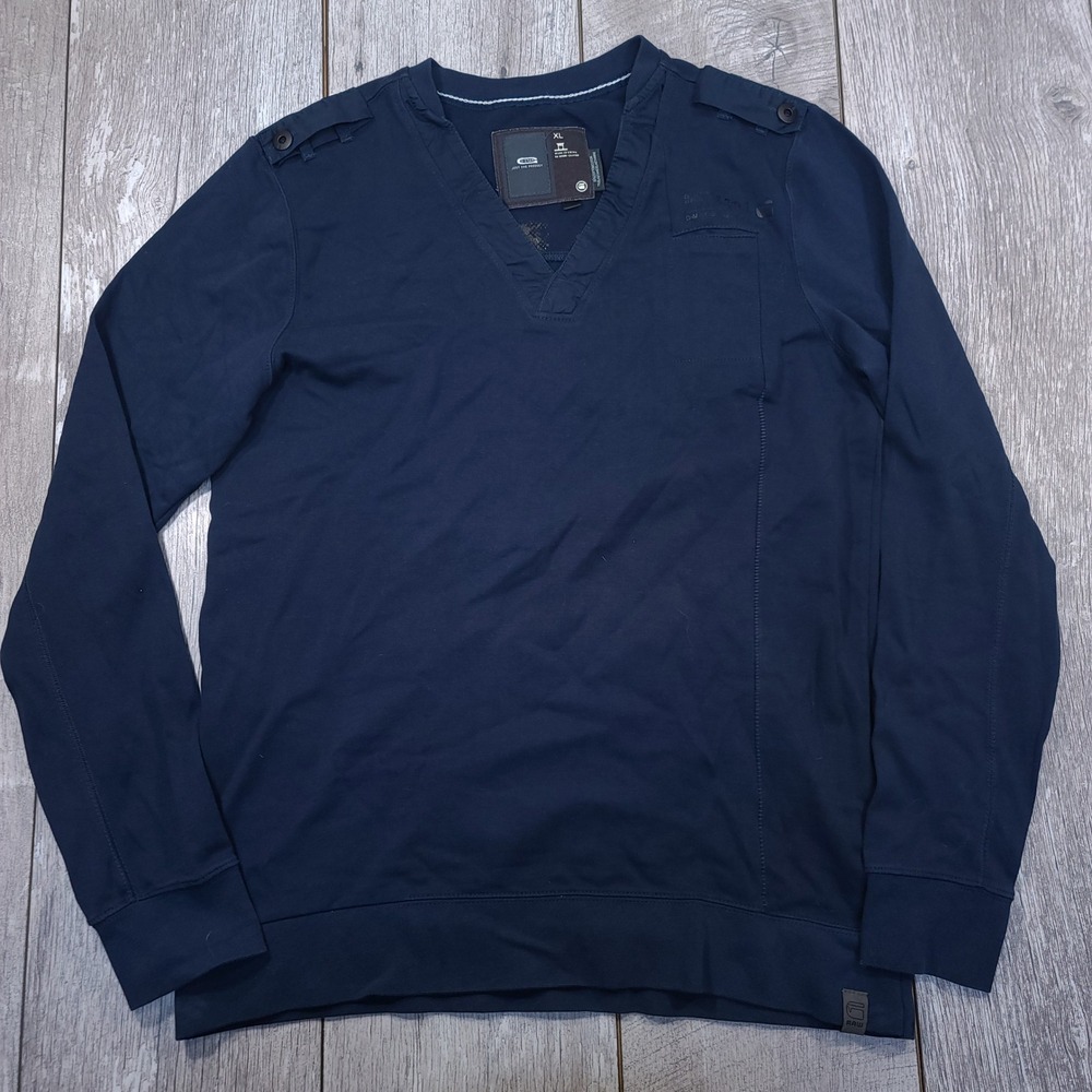 G-Star Raw Sweatshirt Mens Size XL Blue Decoder V-Neck Epaulettes Pullover